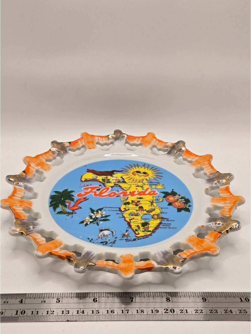 Vintage Souvenir Plate FLORIDA Yellow, Map, Oranges, Sun, Fish